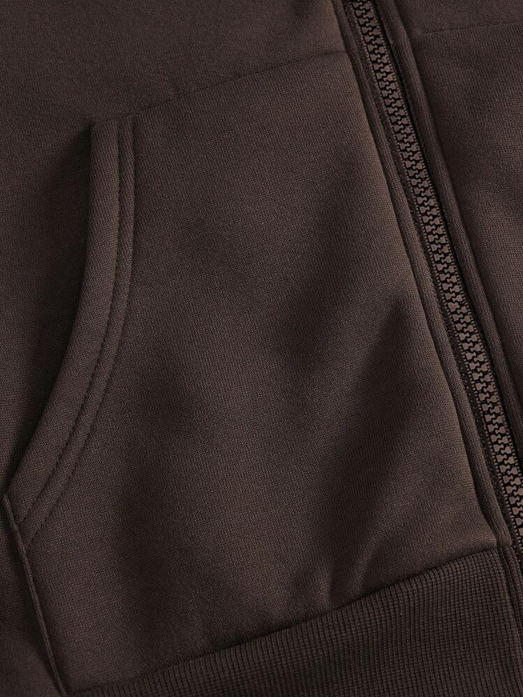 ROMWE MEN Prep 男士篮球字母图案拉链保暖连帽衫，带抽绳，适合秋冬季穿着，长袖上衣 - 咖啡棕 - 查看 2