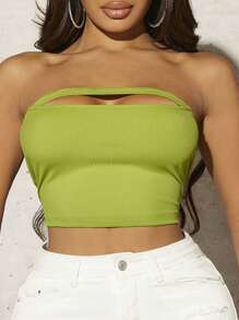 SHEIN SXY Áo nữ Lộ Lưng Cắt ra Gân đan màu trơn Giải trí - Màu xanh Ô liu - Xem 2