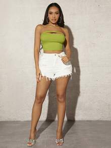 SHEIN SXY Áo nữ Lộ Lưng Cắt ra Gân đan màu trơn Giải trí - Màu xanh Ô liu - Xem 5