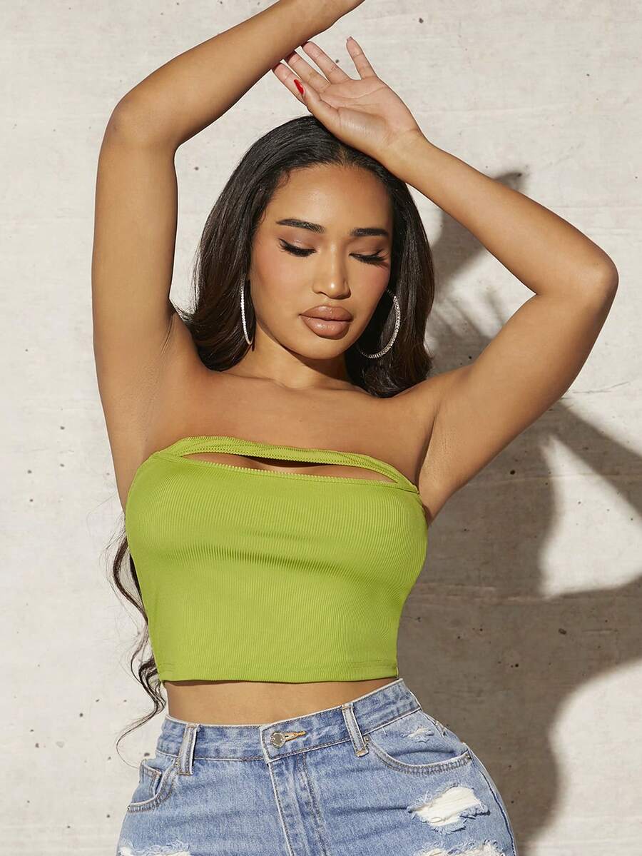 SHEIN SXY Áo nữ Lộ Lưng Cắt ra Gân đan màu trơn Giải trí - Màu xanh Ô liu - Xem 1