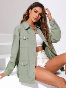 SHEIN Essnce Áo khoác & áo khoác denim nữ Túi Nút phía trước màu trơn Giải trí - màu xanh lá - Xem 3