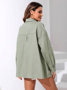 SHEIN Essnce Áo khoác & áo khoác denim nữ Túi Nút phía trước màu trơn Giải trí - màu xanh lá - Xem 2