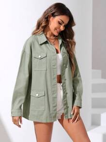 SHEIN Essnce Áo khoác & áo khoác denim nữ Túi Nút phía trước màu trơn Giải trí - màu xanh lá - Xem 5