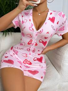 Rompers Nữ Nút phía trước Lá thư Tim - Hồng - Xem 1