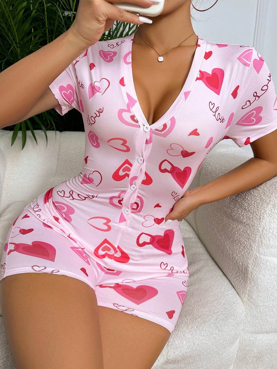 Rompers Nữ Nút phía trước Lá thư Tim - Hồng - Xem 1