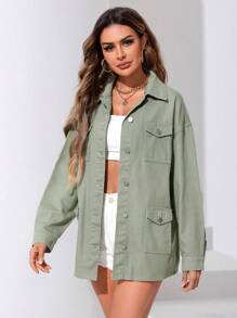 SHEIN Essnce Áo khoác & áo khoác denim nữ Túi Nút phía trước màu trơn Giải trí - màu xanh lá - Xem 1