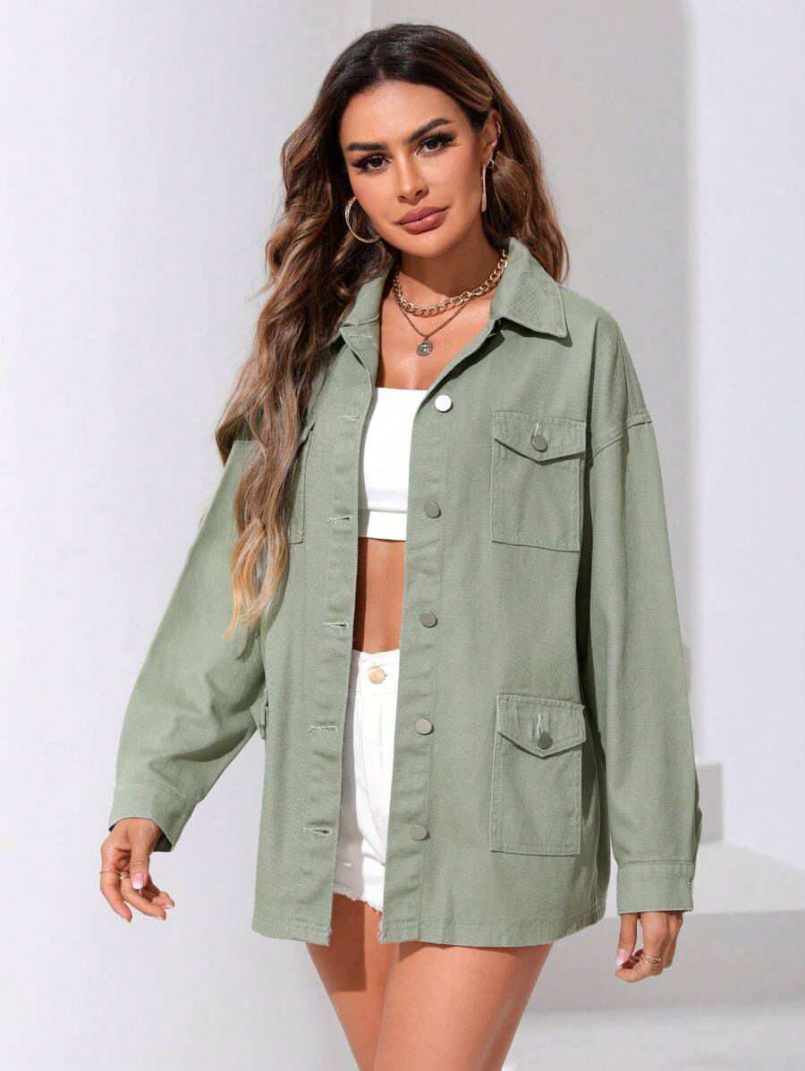 SHEIN Essnce Áo khoác & áo khoác denim nữ Túi Nút phía trước màu trơn Giải trí - màu xanh lá - Xem 1