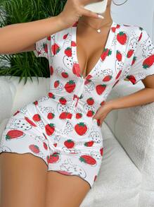 草莓圖案前紐扣連身短褲 - 白色 - 查看 1