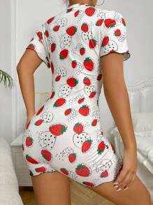 草莓圖案前紐扣連身短褲 - 白色 - 查看 2