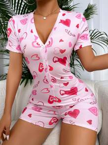 Rompers Nữ Nút phía trước Lá thư Tim - Hồng - Xem 4