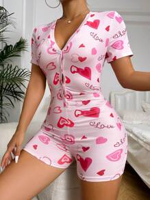 Rompers Nữ Nút phía trước Lá thư Tim - Hồng - Xem 5
