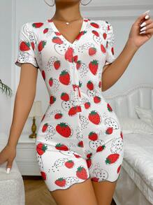 草莓圖案前紐扣連身短褲 - 白色 - 查看 4