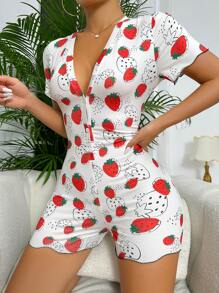 草莓圖案前紐扣連身短褲 - 白色 - 查看 5