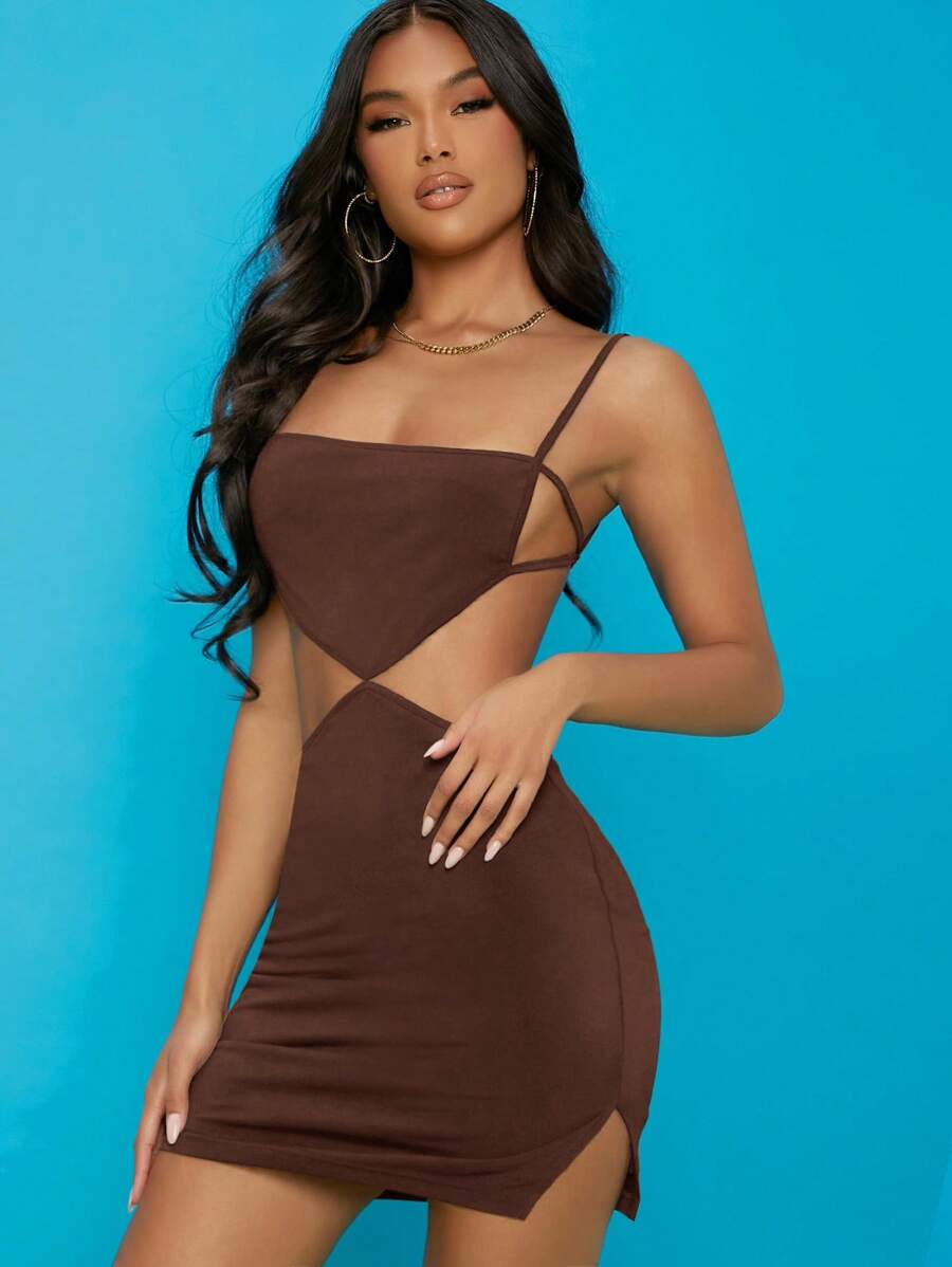 SHEIN BAE Đầm Lộ Lưng Hội Chữ thập Chia màu trơn Gợi cảm - Màu nâu Sô-cô-la - Xem 1