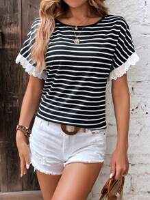 SHEIN Frenchy Áo thun nữ Xù Tranh thêu Sọc Giải trí - màu đen - Xem 1