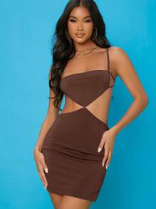 SHEIN BAE Đầm Lộ Lưng Hội Chữ thập Chia màu trơn Gợi cảm - Màu nâu Sô-cô-la - Xem 3