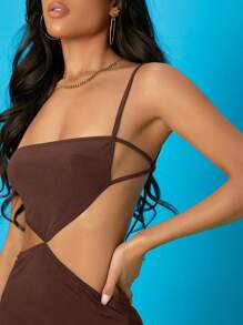 SHEIN BAE Đầm Lộ Lưng Hội Chữ thập Chia màu trơn Gợi cảm - Màu nâu Sô-cô-la - Xem 4