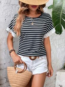 SHEIN Frenchy Áo thun nữ Xù Tranh thêu Sọc Giải trí - màu đen - Xem 3