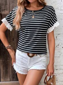 SHEIN Frenchy Áo thun nữ Xù Tranh thêu Sọc Giải trí - màu đen - Xem 4