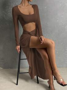 SHEIN Allurite Cut Out Twist Front Split Thigh Dress - Coffee Brown - View 1