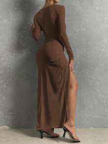 SHEIN Allurite Cut Out Twist Front Split Thigh Dress - Coffee Brown - View 2