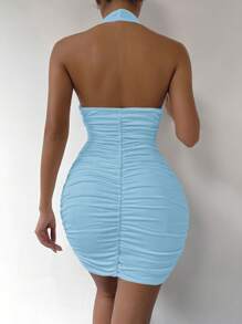 Chiquease 褶邊露背吊脖緊身連衣裙 - 淺藍色 - 查看 2