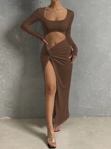 SHEIN Allurite Cut Out Twist Front Split Thigh Dress - Coffee Brown - View 3