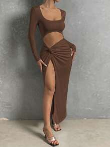 SHEIN Allurite Cut Out Twist Front Split Thigh Dress - Coffee Brown - View 4
