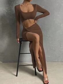 SHEIN Allurite Cut Out Twist Front Split Thigh Dress - Coffee Brown - View 5