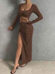 SHEIN Allurite Cut Out Twist Front Split Thigh Dress - Coffee Brown - View 6