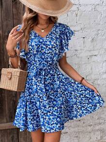 SHEIN Frenchy Đầm Lộ Lưng Xù Buộc lại Hoa Tất cả trên in Boho - Xanh và trắng - Xem 1