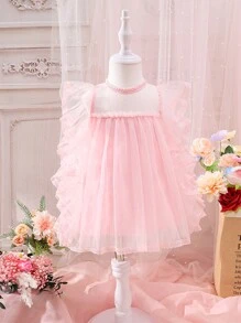 嬰兒荷葉邊網紗覆蓋洋裝 - 粉色 - 查看 1
