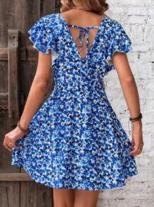 SHEIN Frenchy Đầm Lộ Lưng Xù Buộc lại Hoa Tất cả trên in Boho - Xanh và trắng - Xem 3