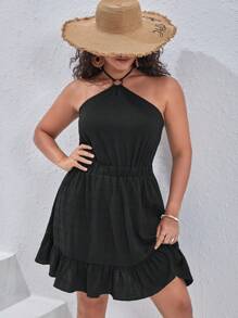 SHEIN VCAY Talla grande Vestido halter de espalda abierta con cordón bajo con fruncido - Negro - Ver 3
