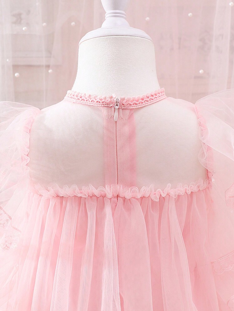 Baby Ruffle Trim Mesh Overlay Dress - Pink - View 5