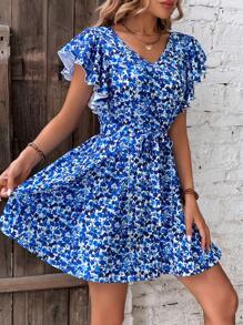 SHEIN Frenchy Đầm Lộ Lưng Xù Buộc lại Hoa Tất cả trên in Boho - Xanh và trắng - Xem 4