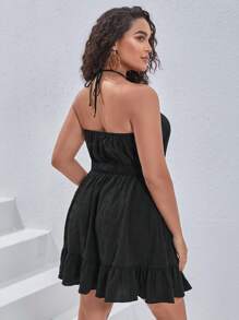 SHEIN VCAY Talla grande Vestido halter de espalda abierta con cordón bajo con fruncido - Negro - Ver 2