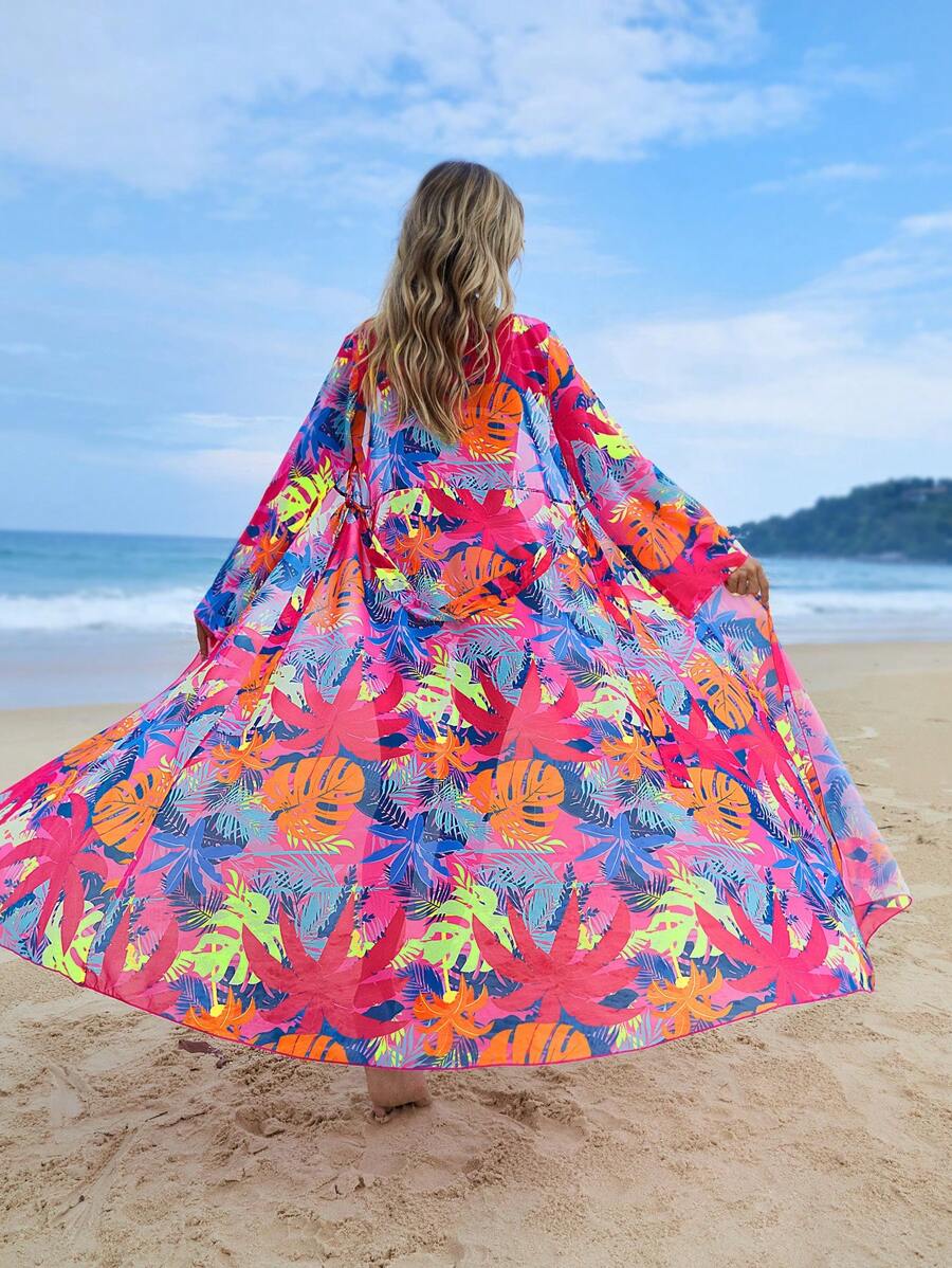 SHEIN Tropical Print Belted Kimono - Multicolor - View 1