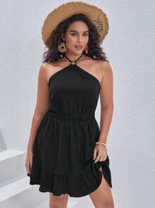 SHEIN VCAY Talla grande Vestido halter de espalda abierta con cordón bajo con fruncido - Negro - Ver 1