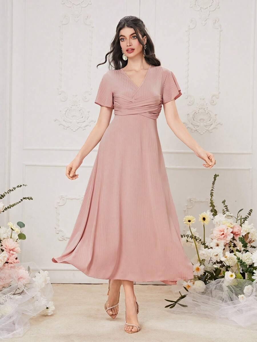 Modelyn Solid Butterfly Sleeve Ruched A-line Dress - Pink - View 1
