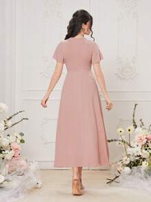 Modelyn Solid Butterfly Sleeve Ruched A-line Dress - Pink - View 2