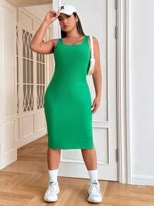 SHEIN EZwear Đầm Plus Size Chia Gân đan màu trơn Giải trí - màu xanh lá - Xem 3