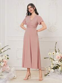 Modelyn Solid Butterfly Sleeve Ruched A-line Dress - Pink - View 3