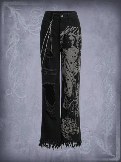 Goth Jeans de pierna recta con estampado de figura desgarro bajo crudo