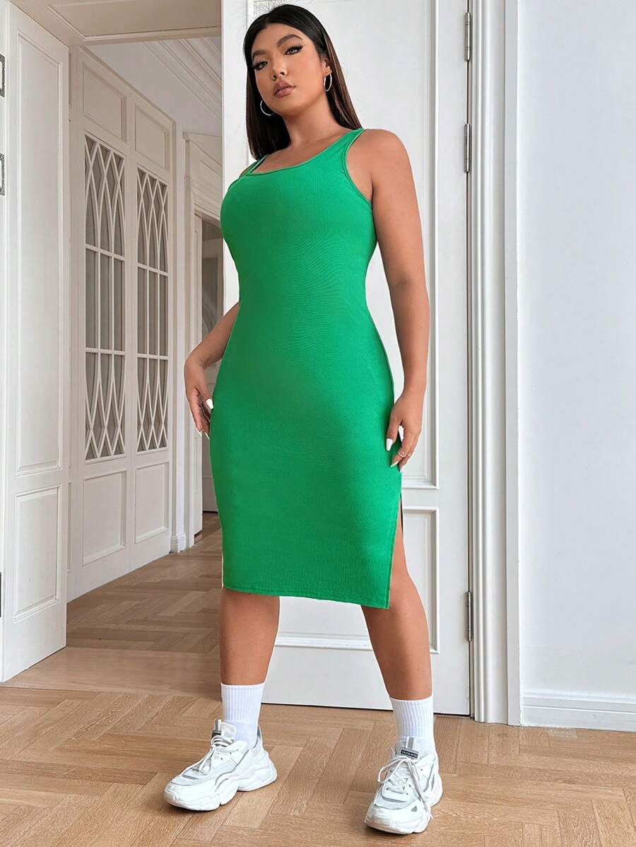 SHEIN EZwear Đầm Plus Size Chia Gân đan màu trơn Giải trí - màu xanh lá - Xem 1