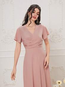 Modelyn Solid Butterfly Sleeve Ruched A-line Dress - Pink - View 4