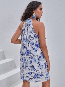 SHEIN VCAY Plus Floral Print Halter Neck Dress - Blue and White - View 2
