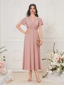Modelyn Solid Butterfly Sleeve Ruched A-line Dress - Pink - View 5
