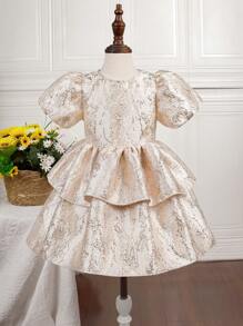 年輕女孩們提花泡泡袖雙層下擺派對禮服 - 香檳色 - 查看 1