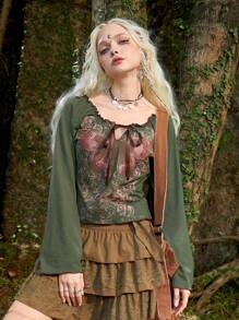 ROMWE Fairycore Butterfly Print Tie Front Tee - Green - View 1